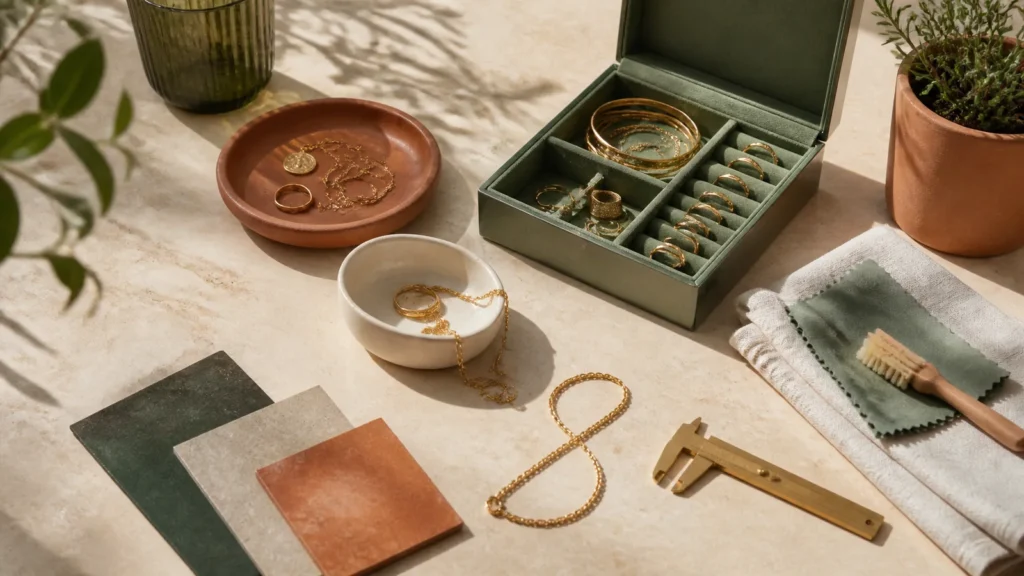 Editorial still life illustrating a calm routine for storing and cleaning everyday jewelry