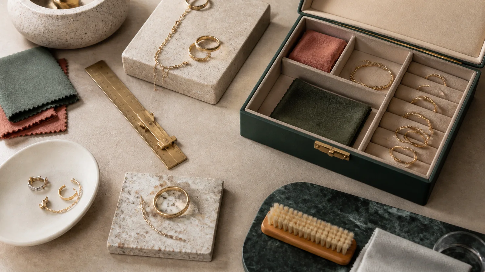 Selection details related to a calm routine for storing and cleaning everyday jewelry