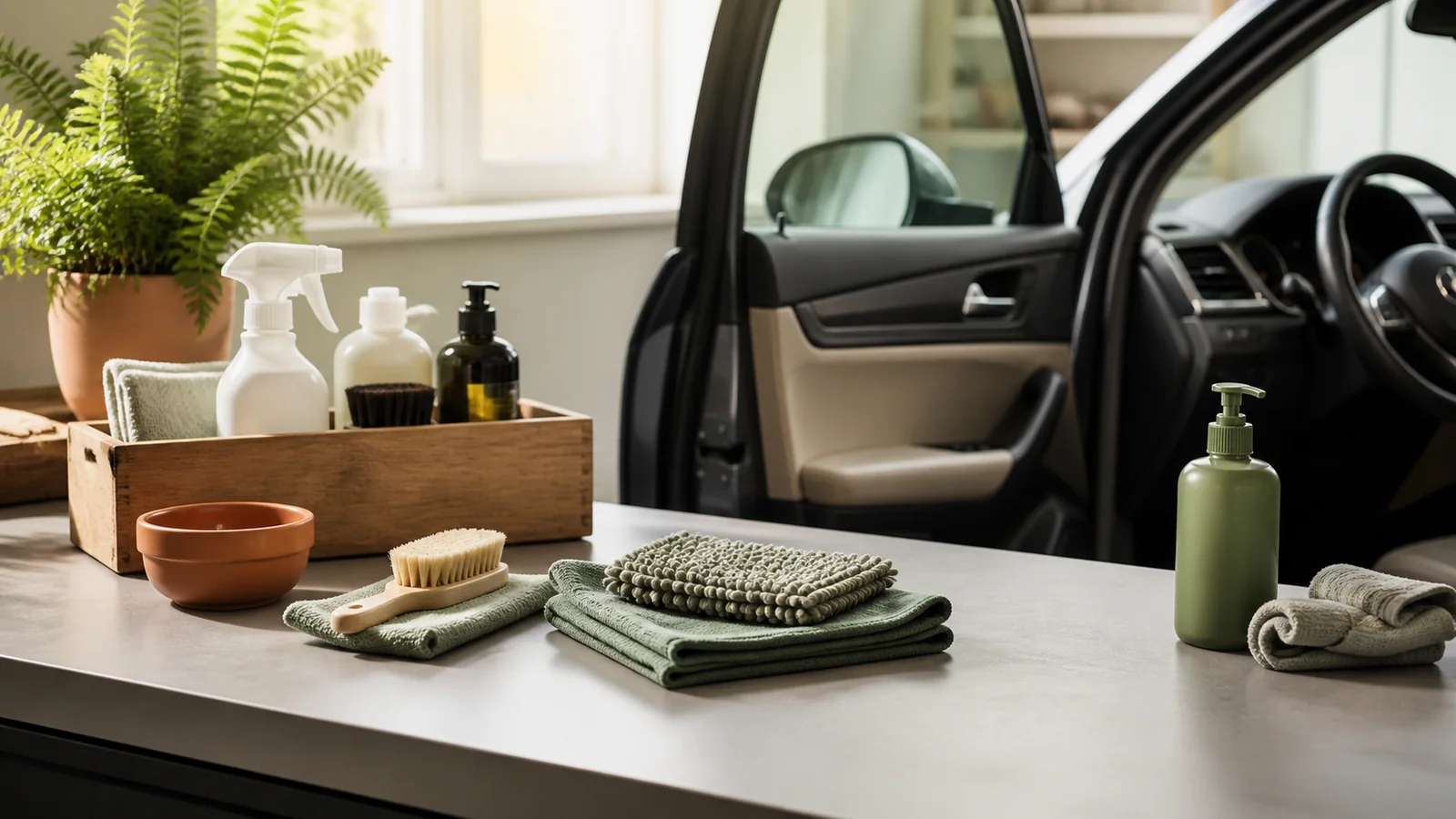 Editorial still life illustrating a gentle routine for cleaning common car interior materials