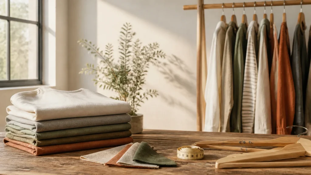 Editorial still life illustrating a lower-stress routine for washing and drying everyday clothes