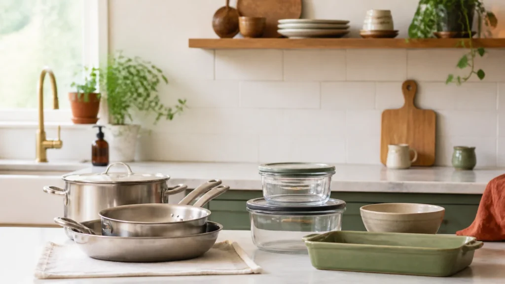 Editorial still life illustrating a material-aware routine for cleaning everyday cookware