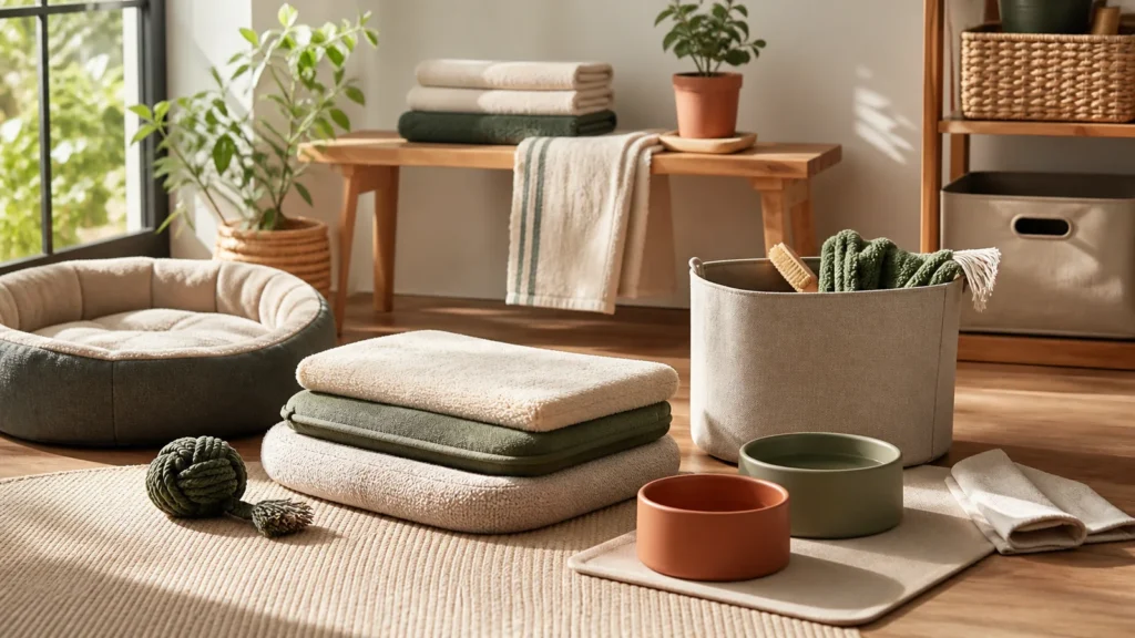 Editorial still life illustrating a practical cleaning routine for pet beds, bowls and accessories