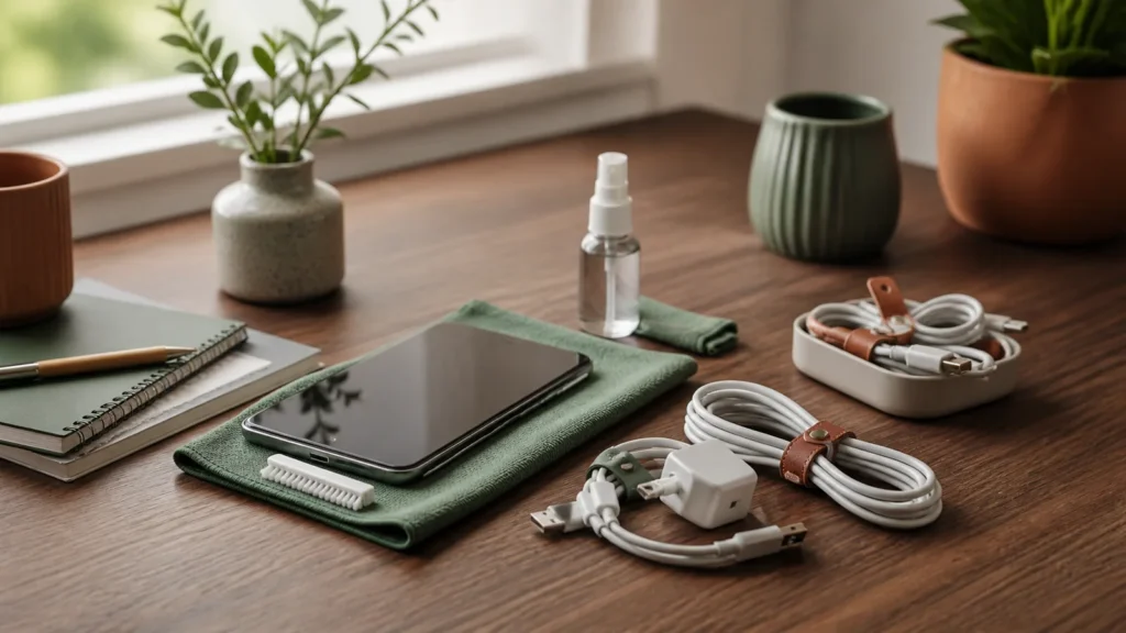 Editorial still life illustrating a safe, simple routine for cleaning devices and organizing cables