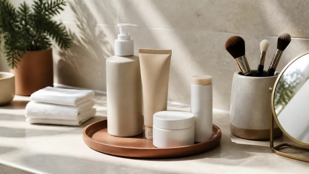 Editorial still life illustrating beauty packaging explained: pumps, tubes, jars and sticks