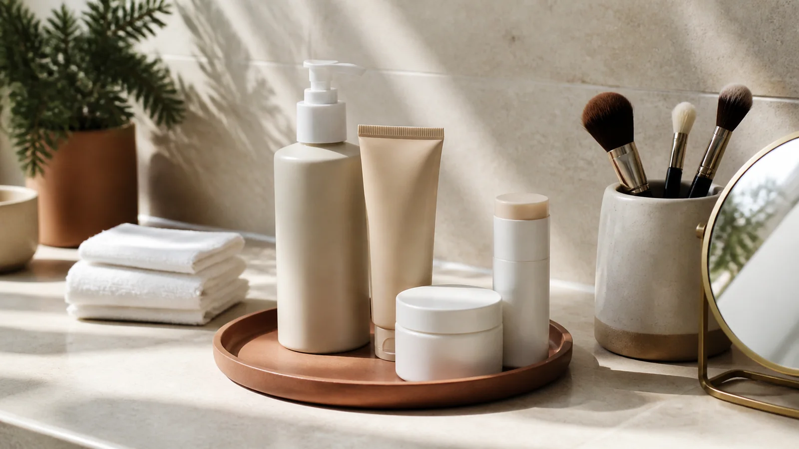 Editorial still life illustrating beauty packaging explained: pumps, tubes, jars and sticks
