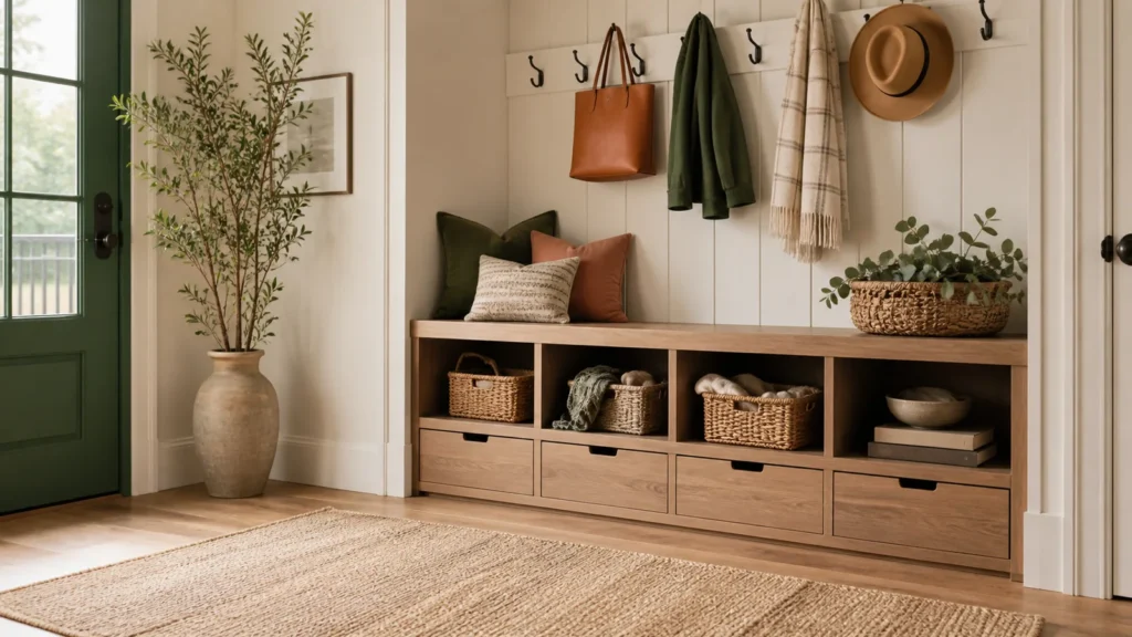 Editorial still life illustrating best entryway storage formats for busy american homes