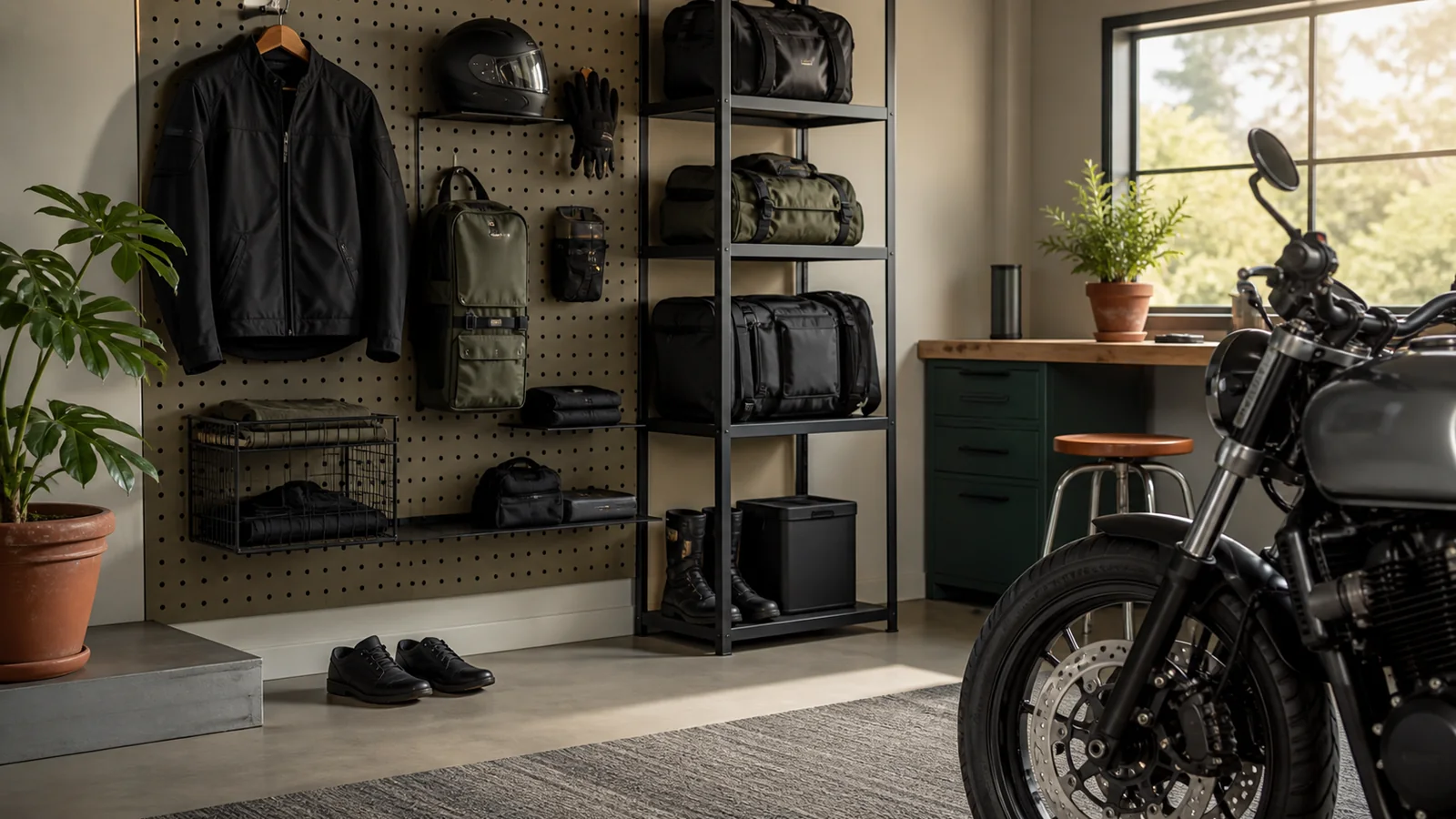 Editorial still life illustrating best garage organization formats for motorcycle gear