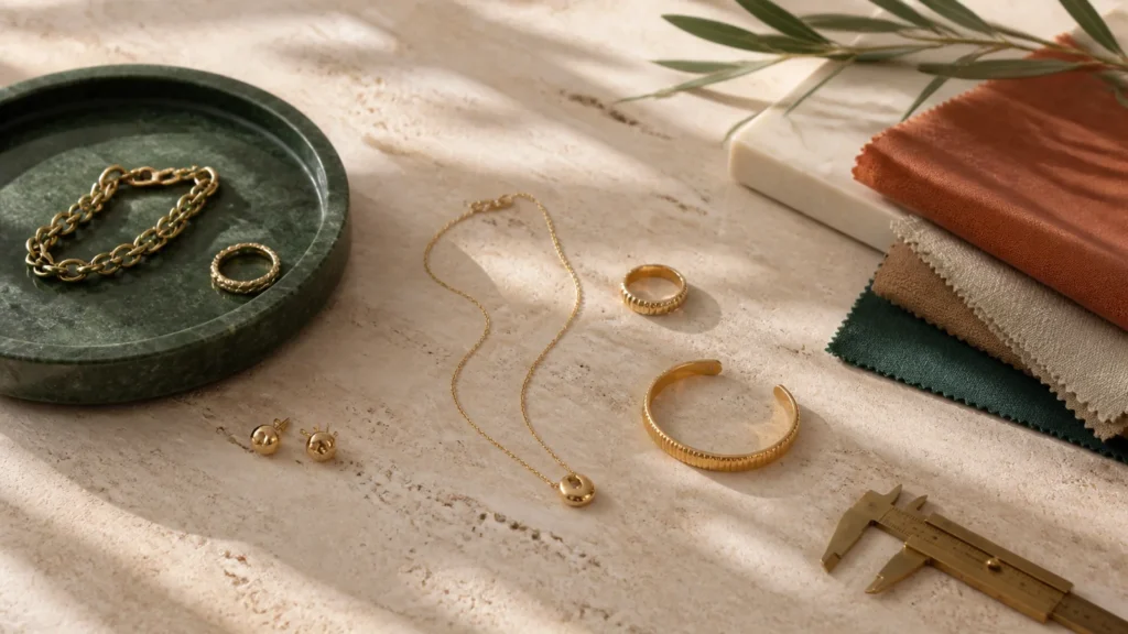 Editorial still life illustrating best jewelry formats for a small, versatile collection