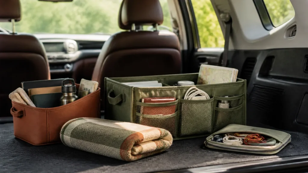 Editorial still life illustrating best organization tools for a normal american road trip