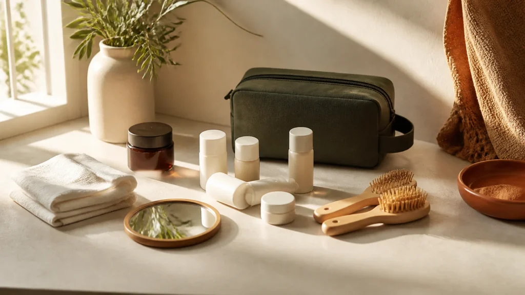 Editorial still life illustrating best personal-care formats for a compact travel kit