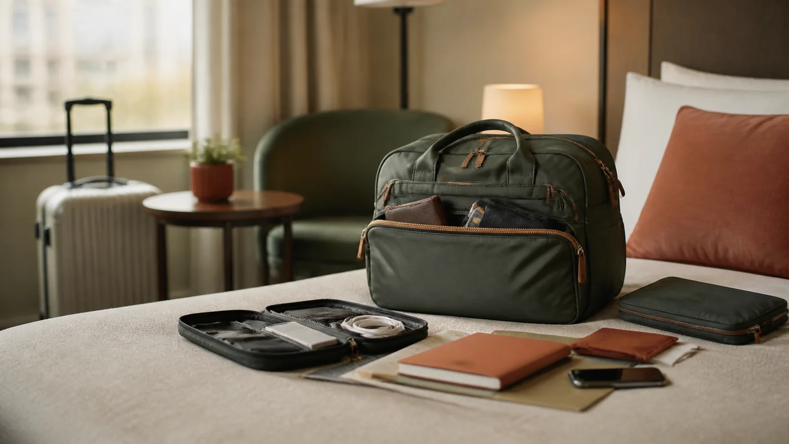Editorial still life illustrating best personal-item bag features for u.s. air travel