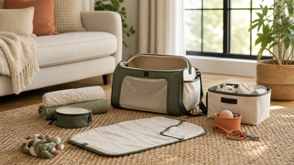 Editorial still life illustrating best pet travel accessories for organized, routine trips