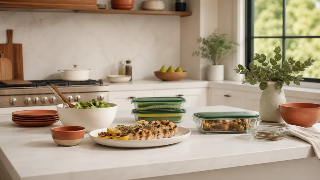 Editorial still life illustrating best serving-piece formats for casual american hosting