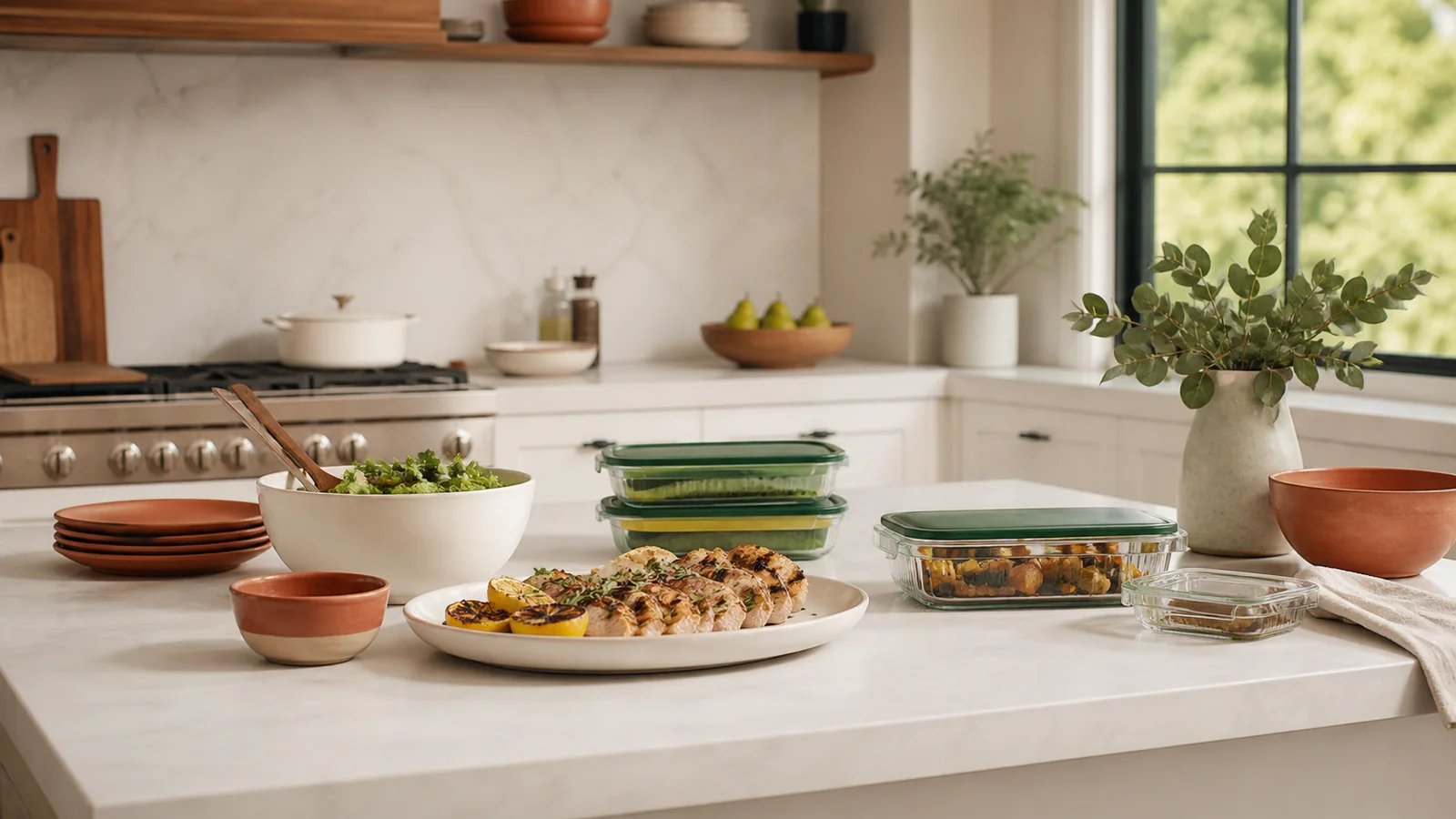 Editorial still life illustrating best serving-piece formats for casual american hosting