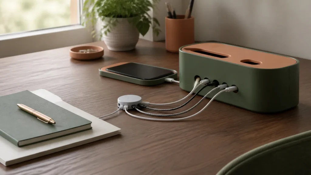 Editorial still life illustrating best small tech upgrades for a calmer home workspace