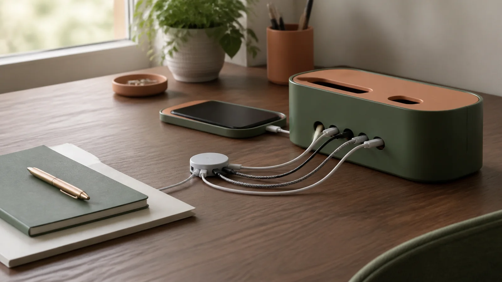 Editorial still life illustrating best small tech upgrades for a calmer home workspace