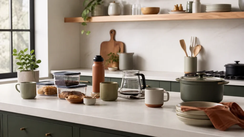 Editorial still life illustrating buying a coffee brewer: capacity, routine and cleanup