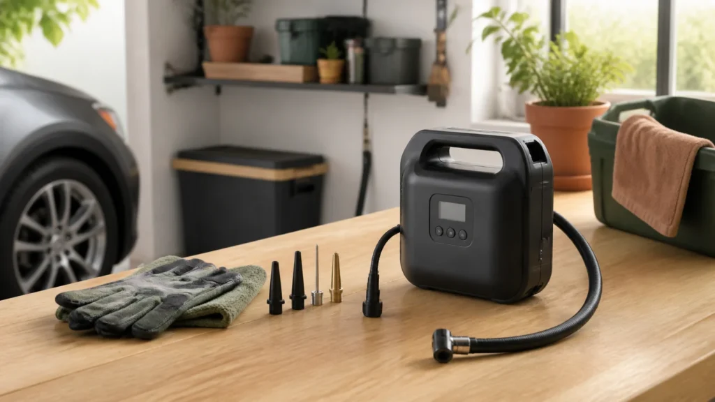 Editorial still life illustrating buying a portable tire inflator: compatibility, controls and storage