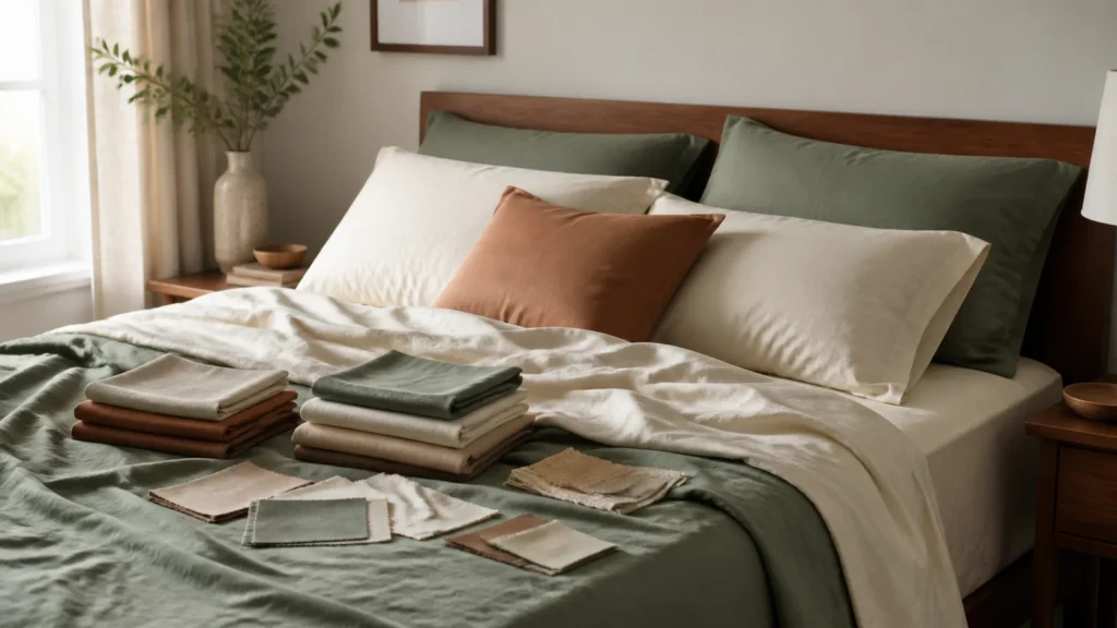 Editorial still life illustrating buying bed sheets: fiber, weave, feel and care