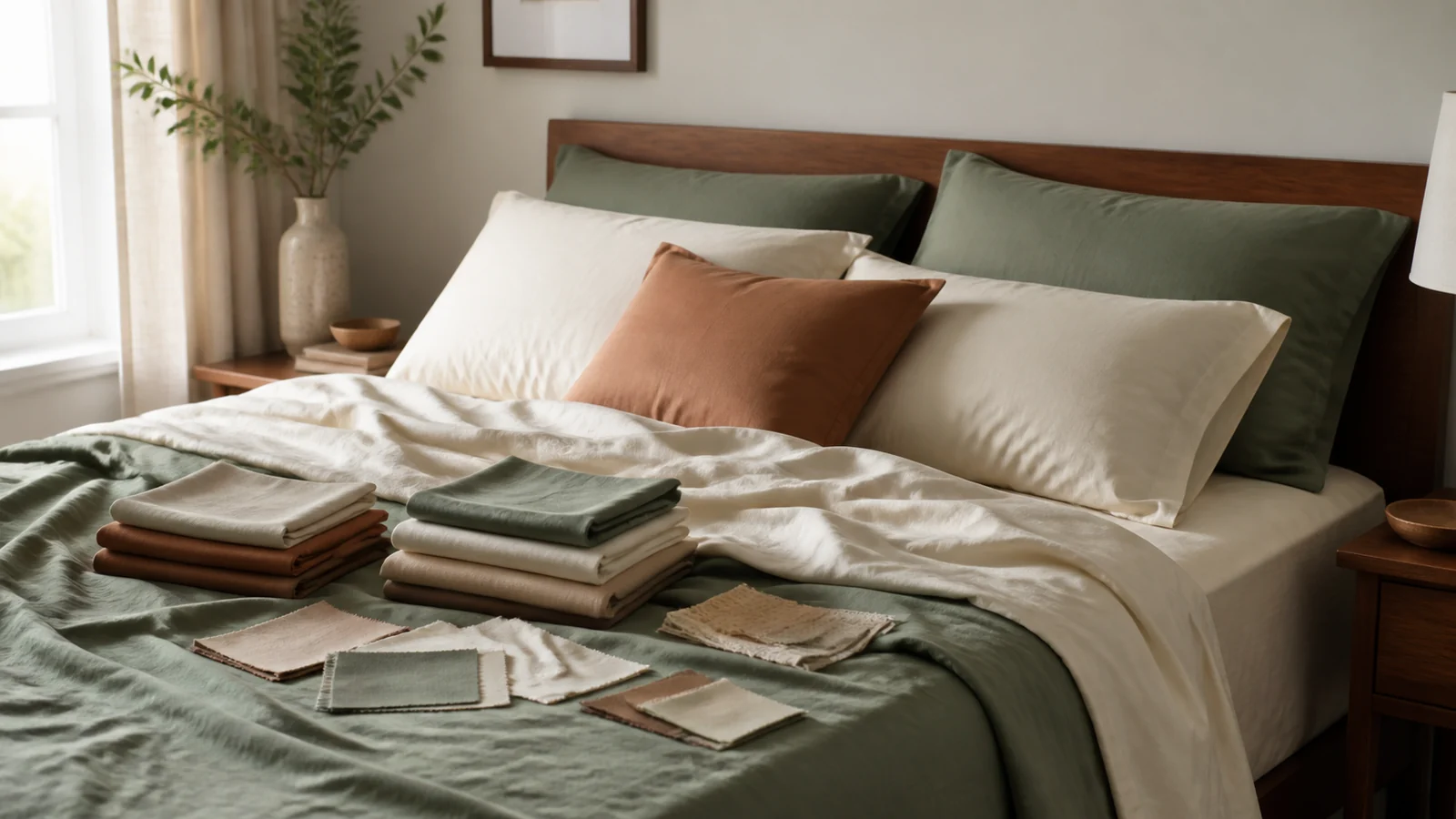 Editorial still life illustrating buying bed sheets: fiber, weave, feel and care