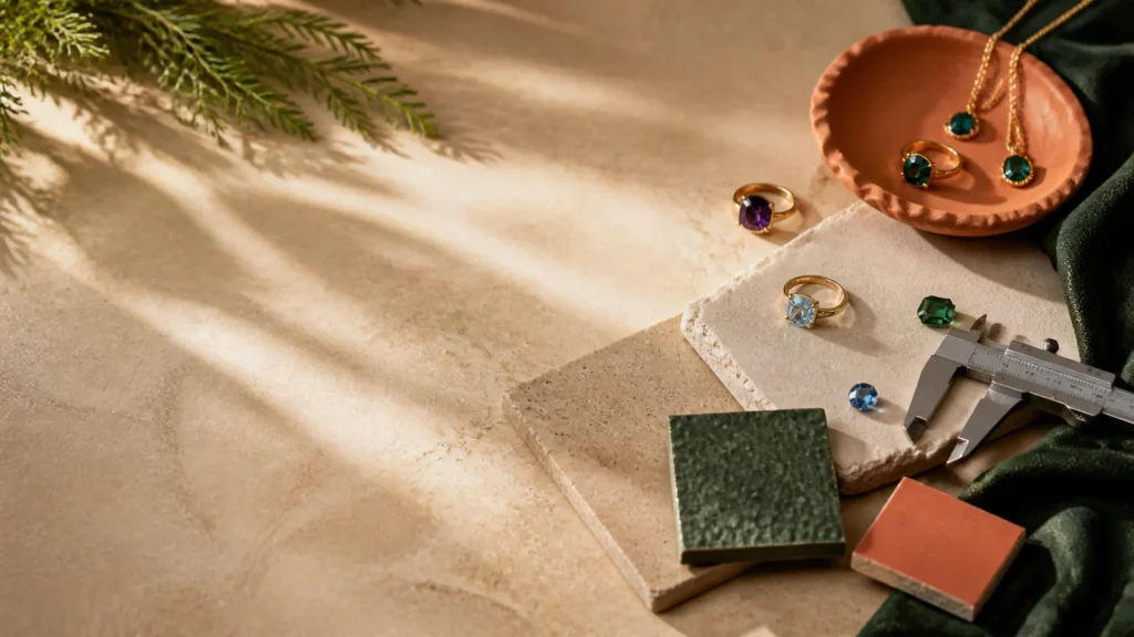 Editorial still life illustrating buying gemstone jewelry: questions about treatment, setting and care