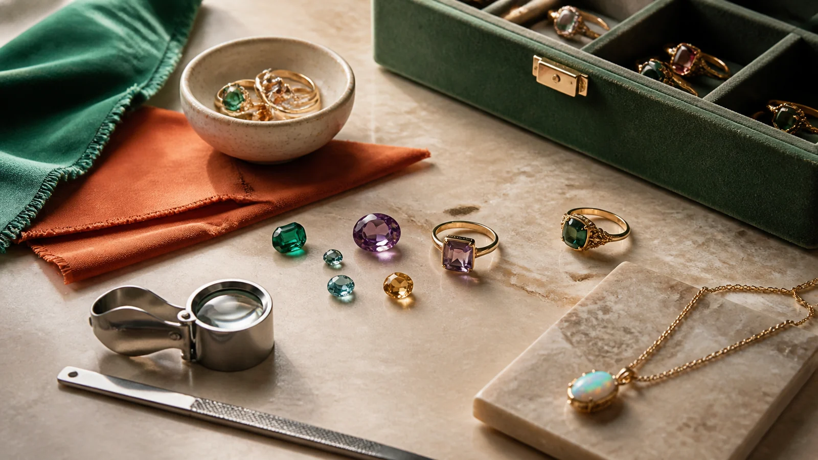 Care and ownership context for buying gemstone jewelry: questions about treatment, setting and care