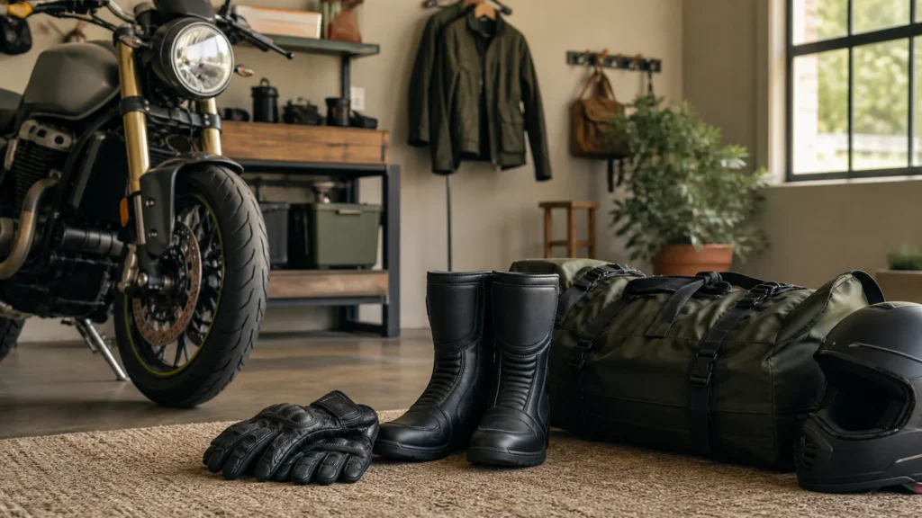 Editorial still life illustrating buying motorcycle gloves and boots: fit, coverage and care