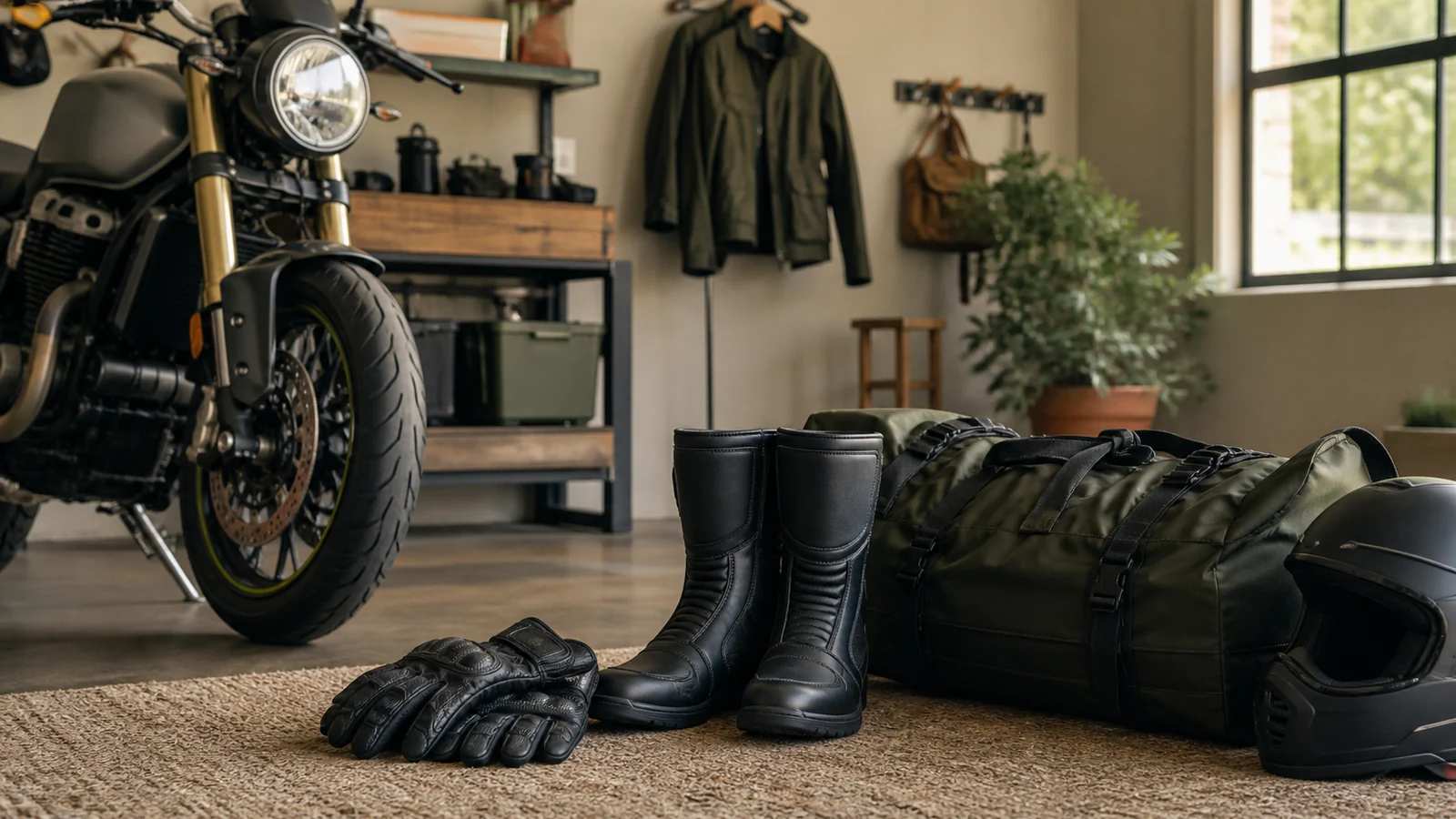 Editorial still life illustrating buying motorcycle gloves and boots: fit, coverage and care