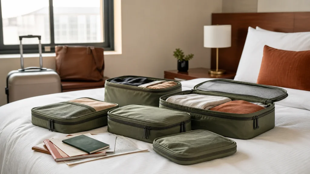 Editorial still life illustrating buying packing cubes: size, structure and real packing value