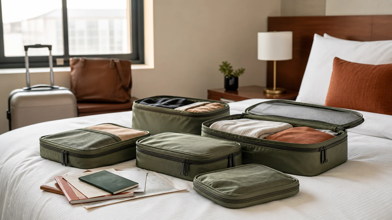 Editorial still life illustrating buying packing cubes: size, structure and real packing value