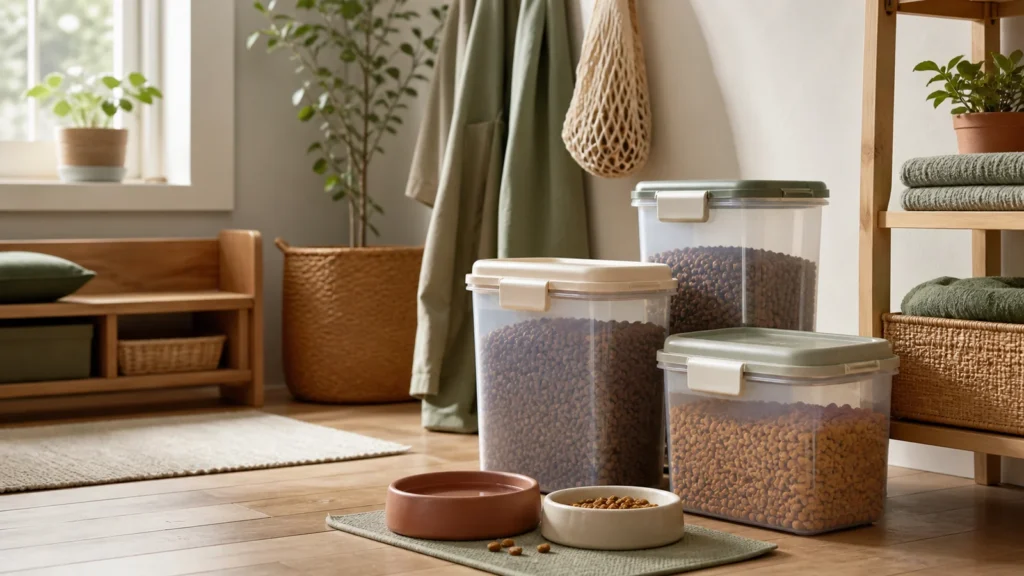 Editorial still life illustrating buying pet food storage containers: capacity, seals and labels