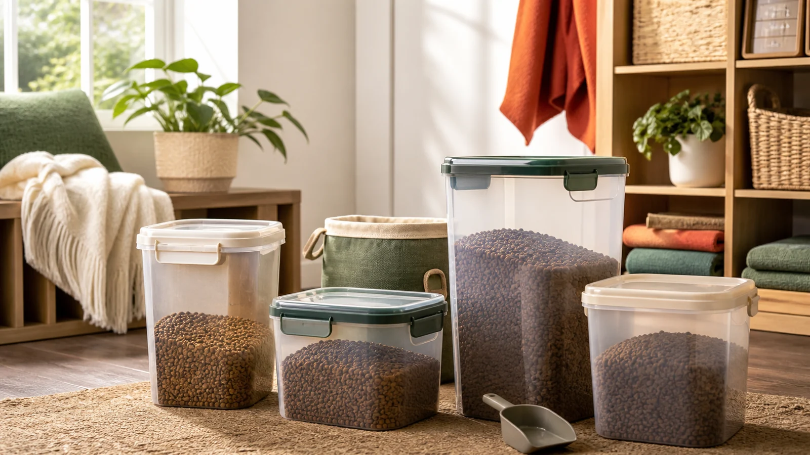 Selection details related to buying pet food storage containers: capacity, seals and labels
