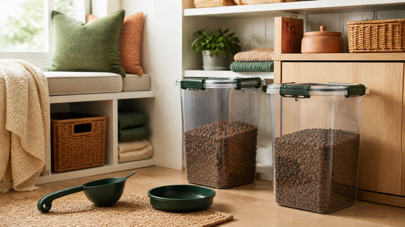 Care and ownership context for buying pet food storage containers: capacity, seals and labels