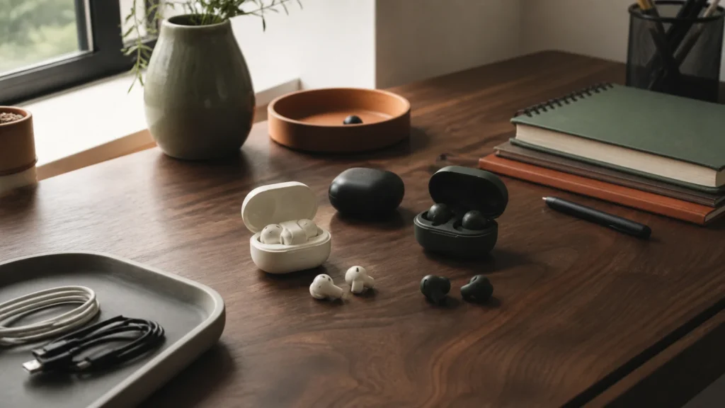Editorial still life illustrating buying wireless earbuds: fit, controls, battery and returns