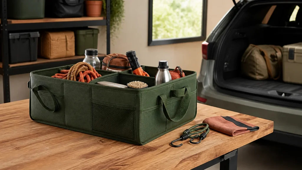 Editorial still life illustrating choosing a cargo organizer that stays useful and secure