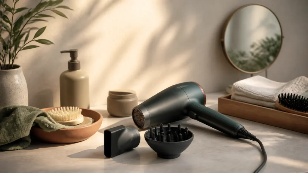 Editorial still life illustrating choosing a hair dryer: heat settings, attachments and handling
