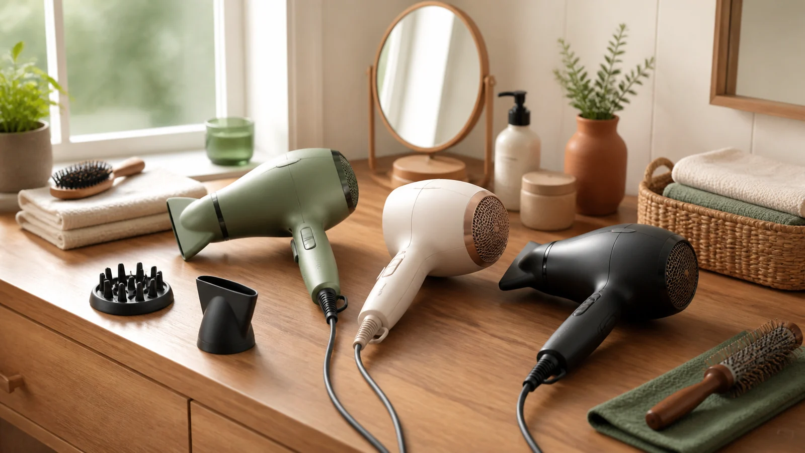 Selection details related to choosing a hair dryer: heat settings, attachments and handling