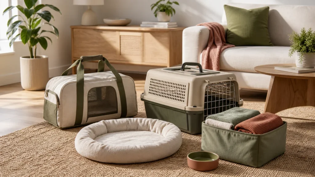 Editorial still life illustrating choosing a pet carrier for fit, access and normal travel