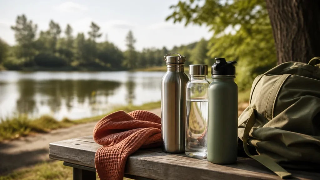 Editorial still life illustrating choosing a reusable water bottle by material, lid and cleaning