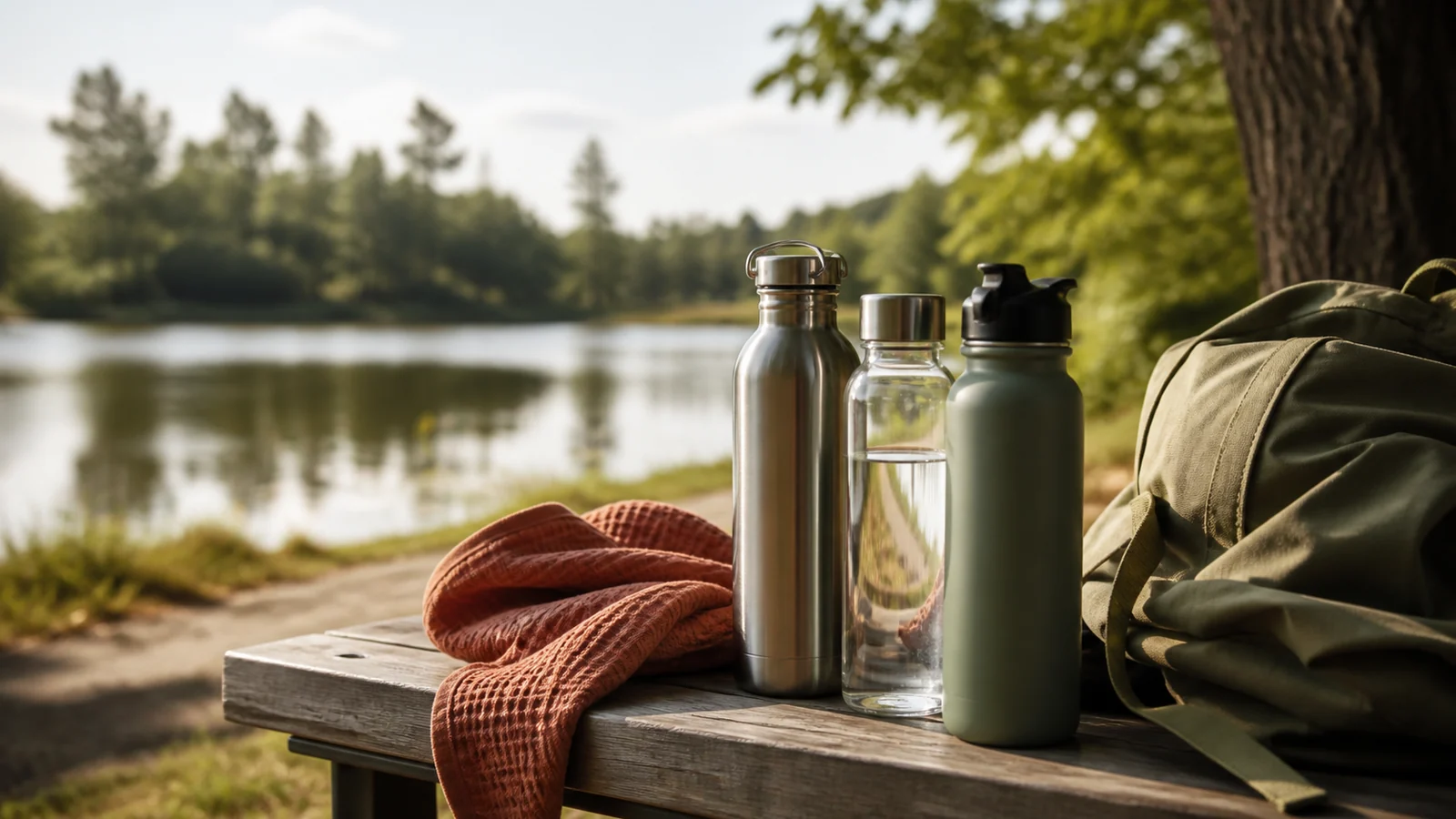 Editorial still life illustrating choosing a reusable water bottle by material, lid and cleaning