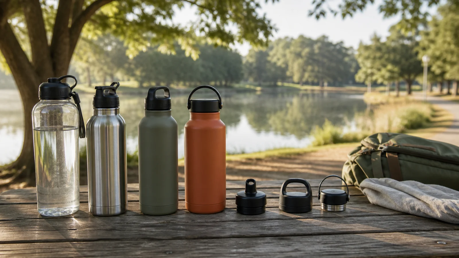 Selection details related to choosing a reusable water bottle by material, lid and cleaning