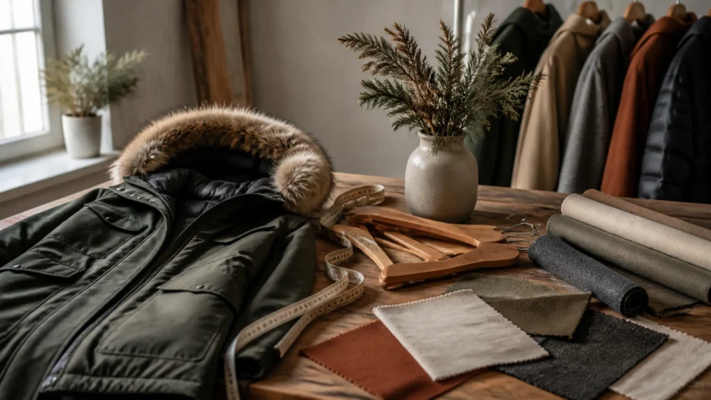 Editorial still life illustrating choosing a winter coat for warmth, layers and real-life care