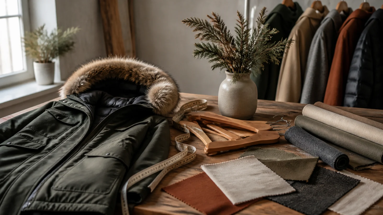 Editorial still life illustrating choosing a winter coat for warmth, layers and real-life care