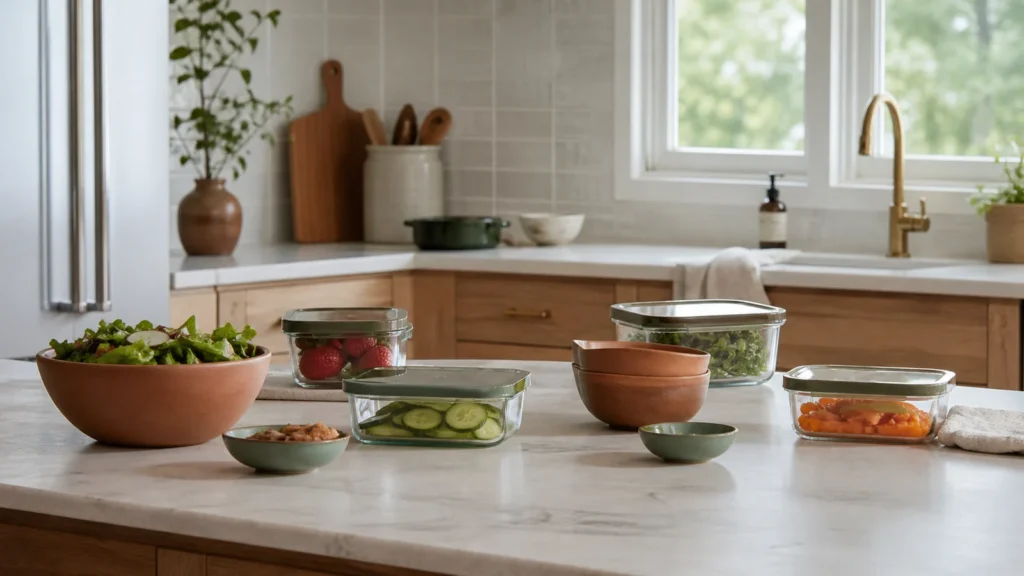 Editorial still life illustrating choosing food storage containers for a real refrigerator