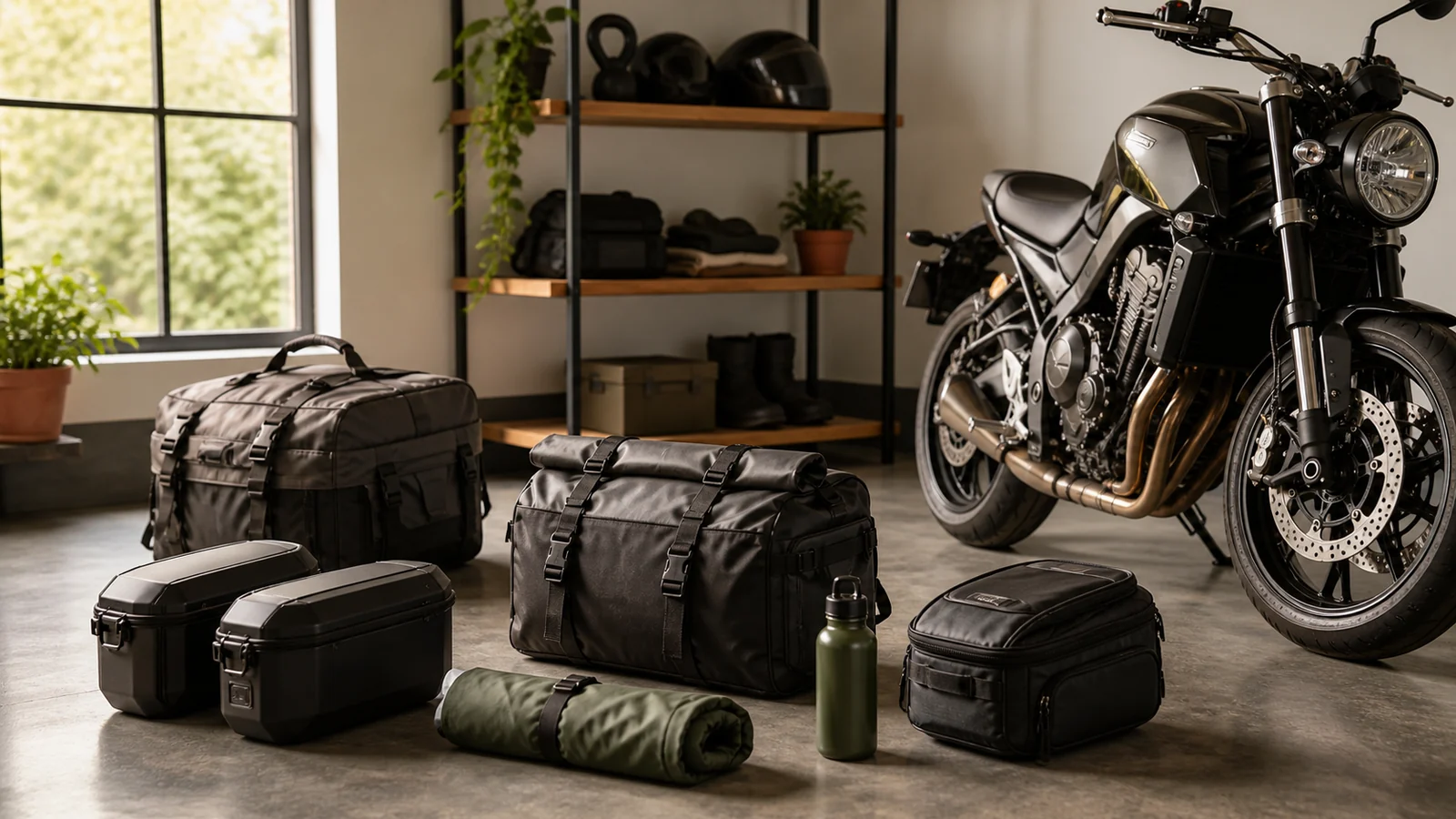 Editorial still life illustrating choosing motorcycle luggage for capacity, mounting and weather