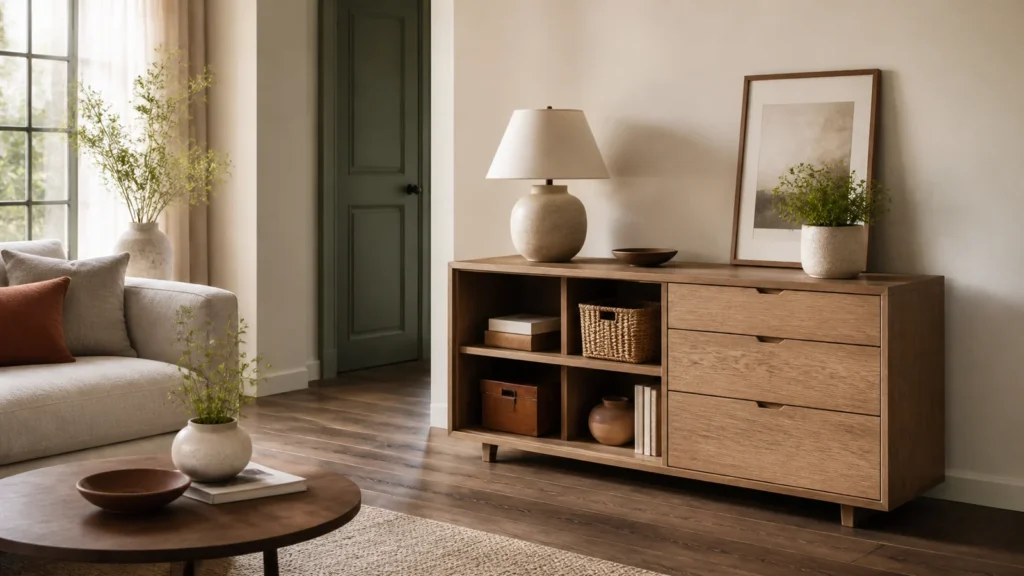 Editorial still life illustrating choosing storage furniture by capacity, access and room flow