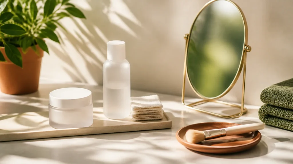 Editorial still life illustrating cleansing balm vs micellar water: texture, routine and travel
