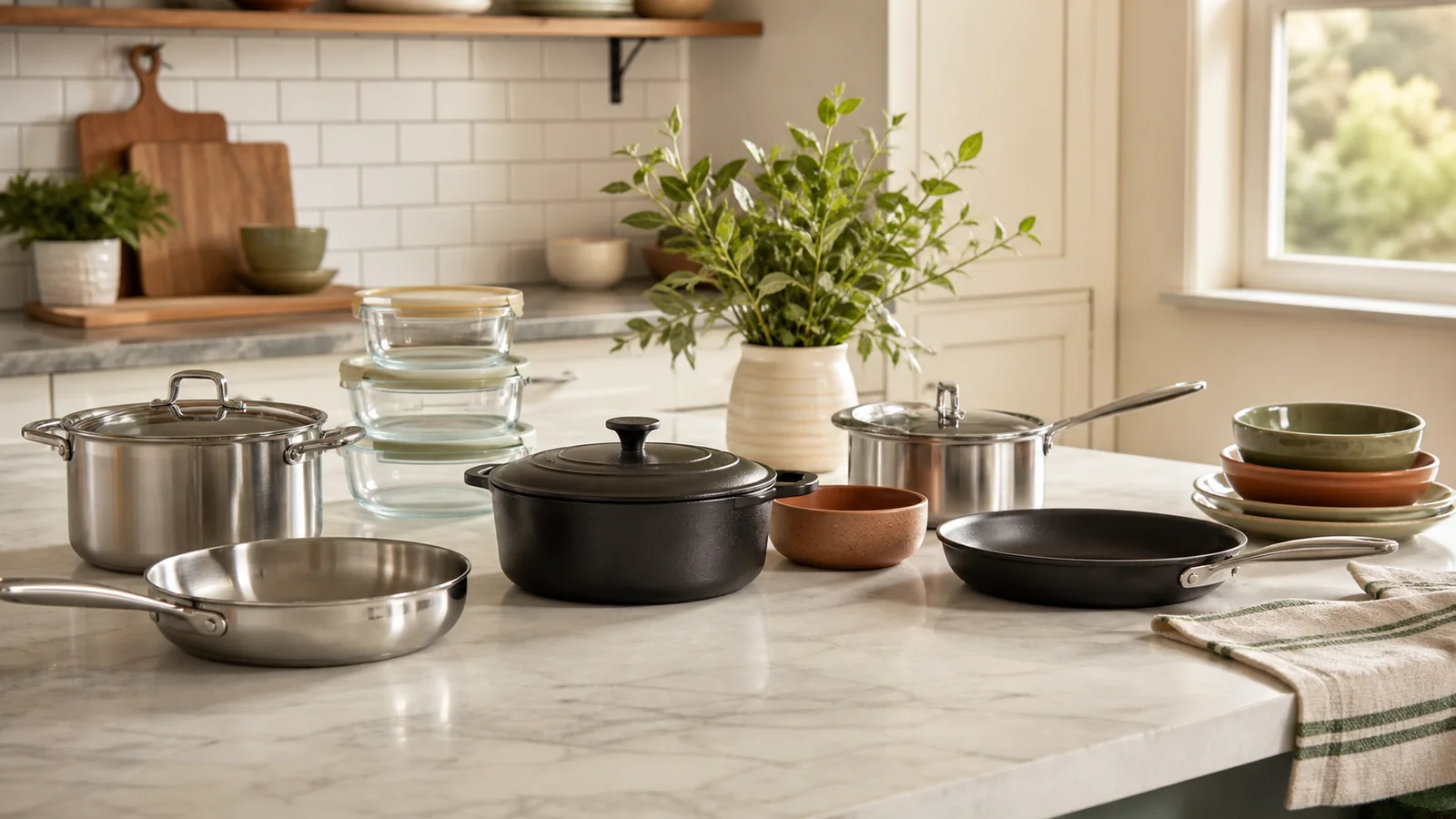 Editorial still life illustrating cookware surface materials: a practical ownership guide