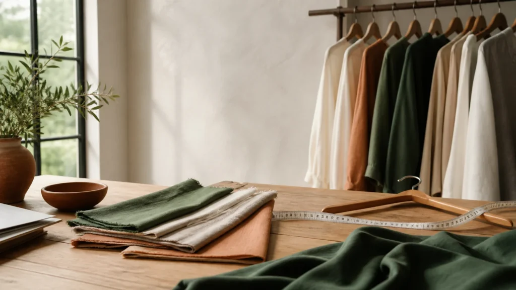 Editorial still life illustrating fabric weight and drape: what they change in a garment