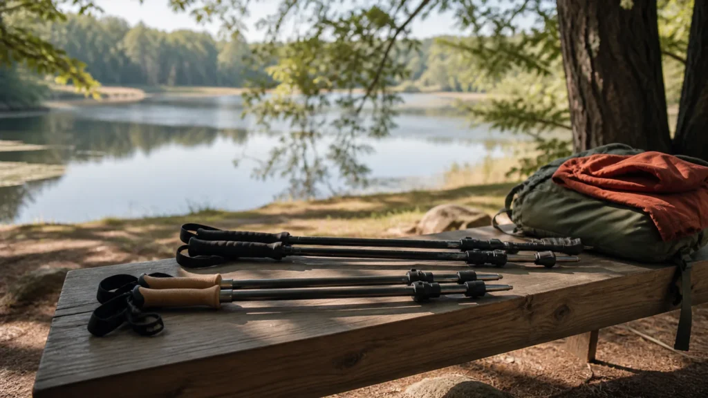 Editorial still life illustrating fixed vs adjustable trekking poles: simplicity, fit and storage